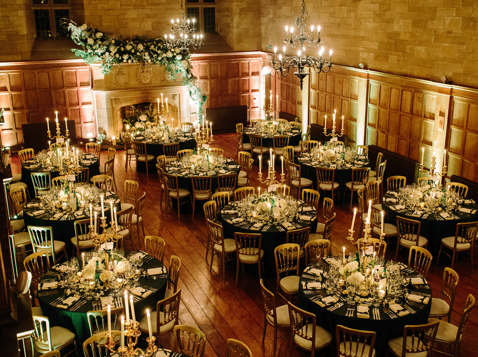 Green Essential table linen paired with Gold Candelabras. Image courtesy of Barker and Evans Photography