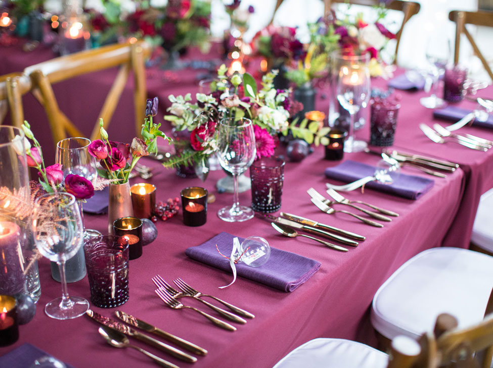 Wine Essential table linen and Blackcurrant Gelato napkins. Image courtesy of Always Andri Weddings and Cecelina Photography