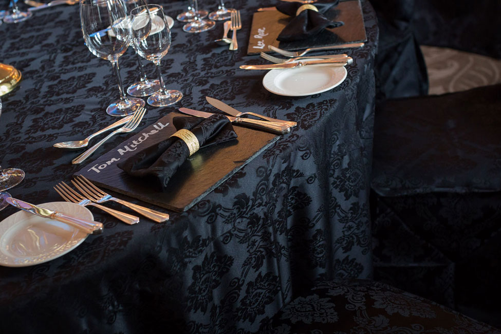 Noir Vintage Damask table linen and bowtie napkin with gold napkin ring