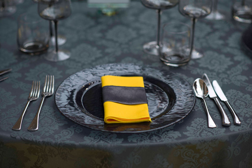 Slate Grey Vintage Damask table linen and Yellow Essential napkin with Super Silver Taffeta band