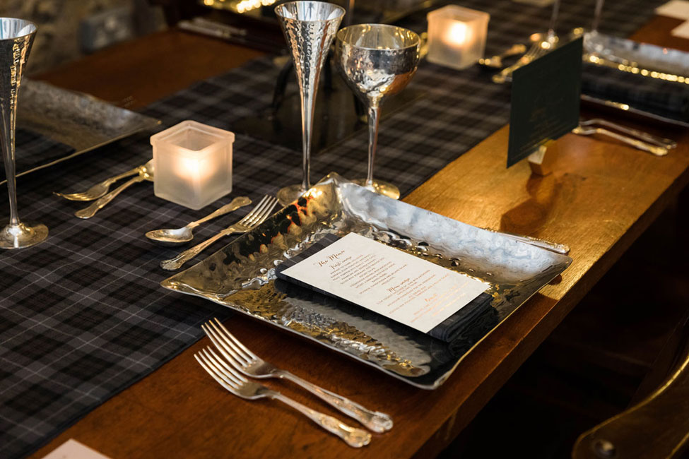 Arran Tartan runner, Arran Tartan napkin paired with Pewter charger plate and Pewter Goblets, Image courtesy of First Light Photography
