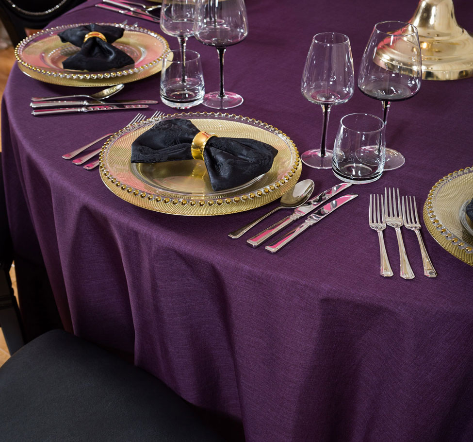 Blackcurrant Gelato table linen, Smoke Glasses, Gold Beaded charger plate and Noir Vintage Damask bowtie with gold napkin ring