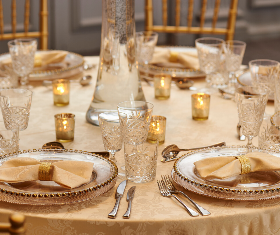 Gold Beaded charger plates with Cut Crystal glasses