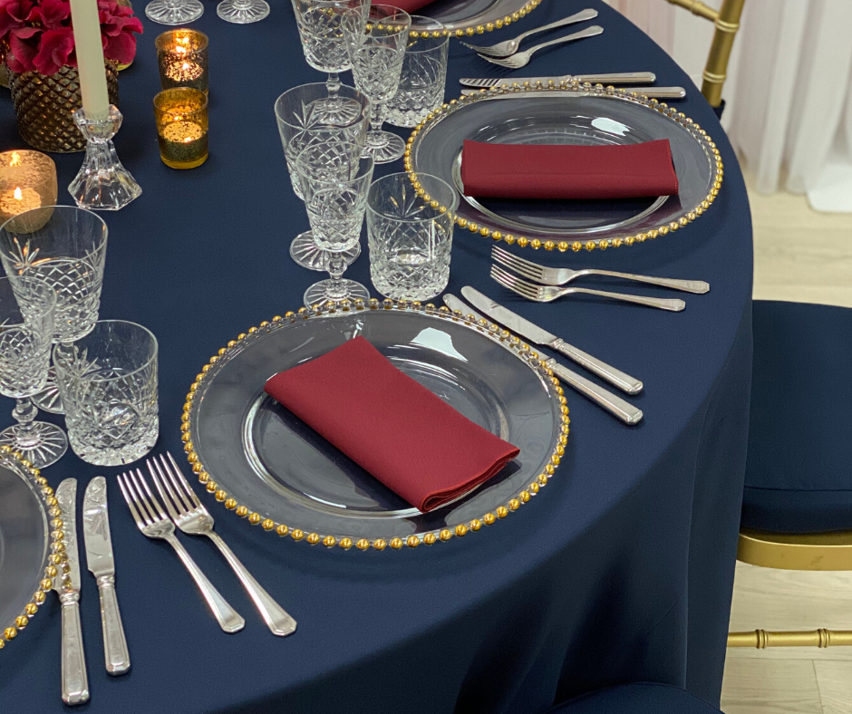Wine Essential napkin, Gold beaded charger plate and Cut Crystal glasses